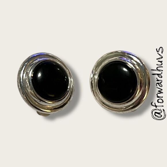 Vintage Silver Tone Clip-On Earrings – Black Accents - Picture 1 of 8